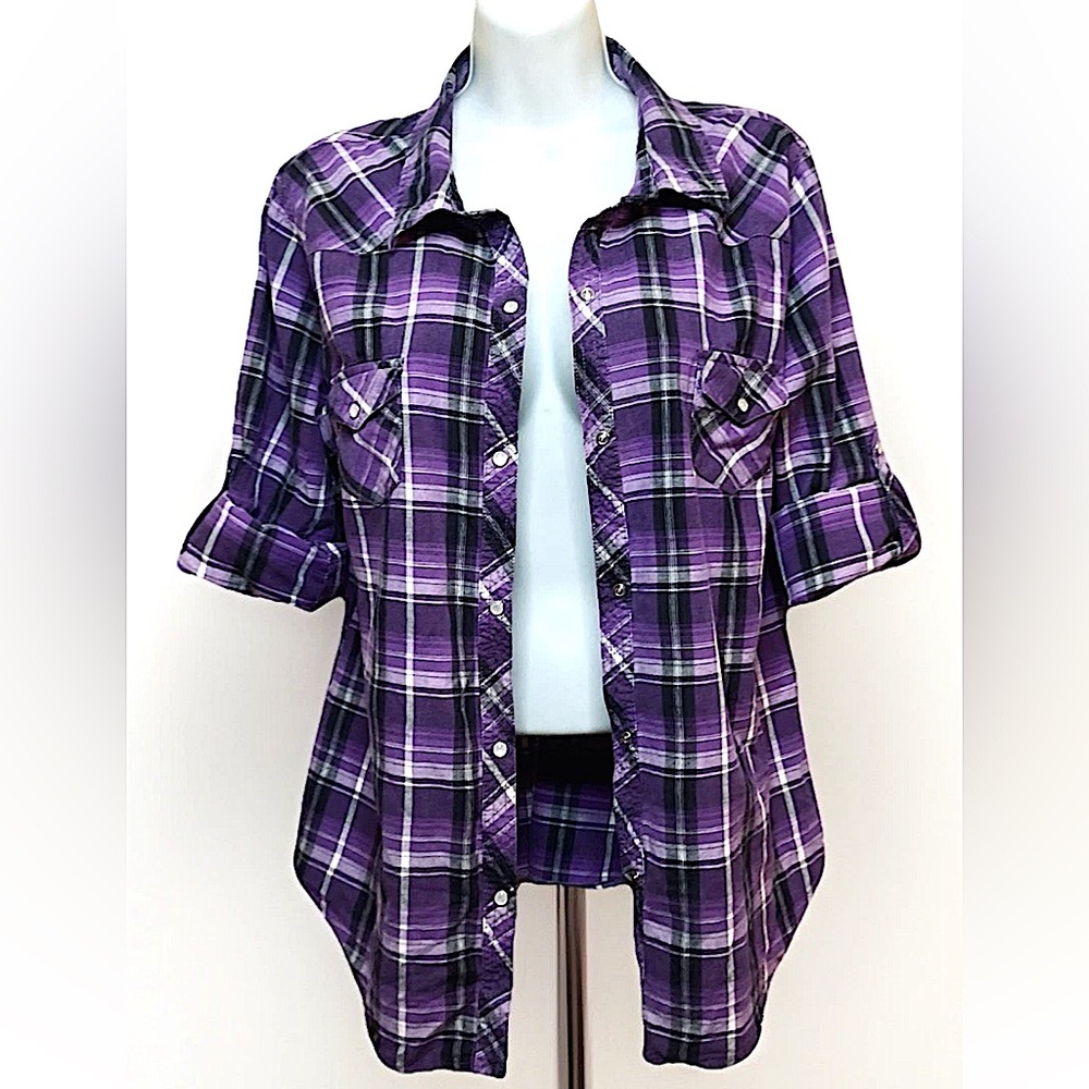 💜OP💜 PLAID PEARL-SNAP WESTERN LONG SLEEVE ROLL-TAB SHIRT🌻